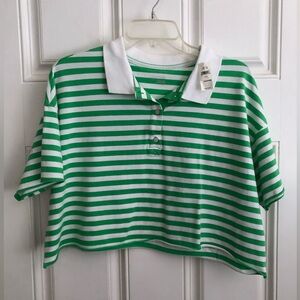 OFFLINE BY AERIE CROP STRIPED COLLAR POLO STYLE SMALL NEW WHITE & GREEN
